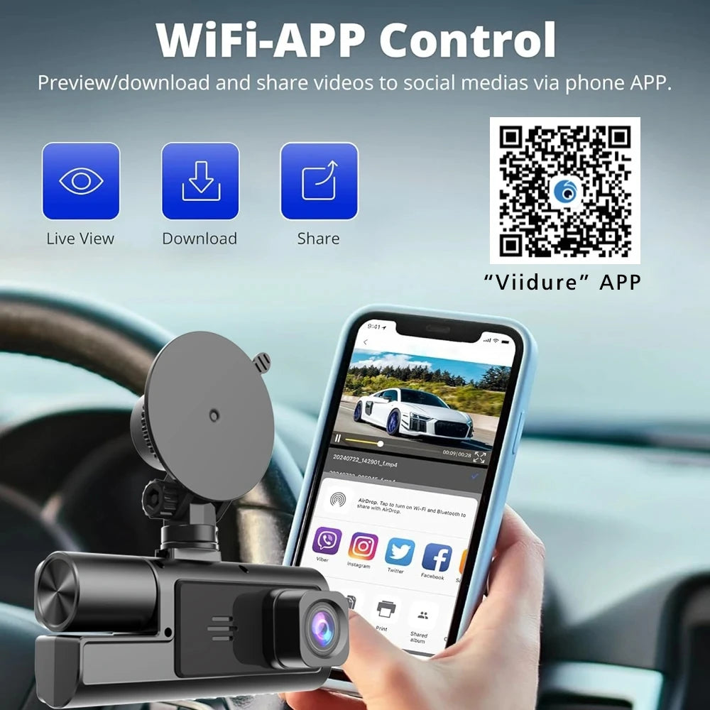 Cámara para coche con 3 canales WIFI, DVR 1080P para la parte delantera y el interior del coche, caja negra, monitor de estacionamiento 24H, accesorios para coche