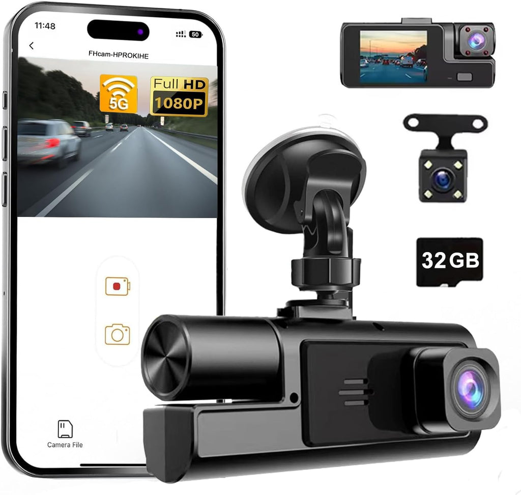 Cámara dashcam para automoviles de 3 canales WiFi 1080P , con grabación frontal e interior+ memory 32Gb