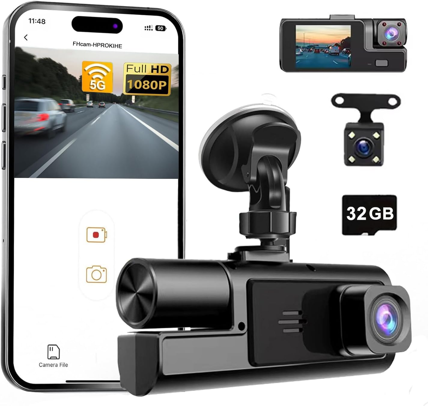 Cámara dashcam para automoviles de 3 canales WiFi 1080P , con grabación frontal e interior+ memory 32Gb
