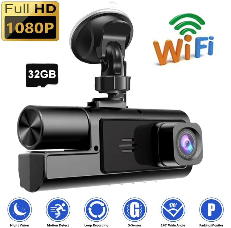 Cámara dashcam para automoviles de 3 canales WiFi 1080P , con grabación frontal e interior+ memory 32Gb