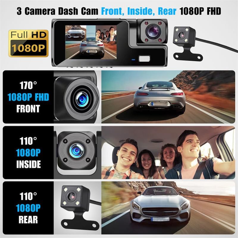 Cámara dashcam para automoviles de 3 canales WiFi 1080P , con grabación frontal e interior+ memory 32Gb