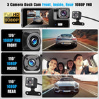 Cámara dashcam para automoviles de 3 canales WiFi 1080P , con grabación frontal e interior+ memory 32Gb