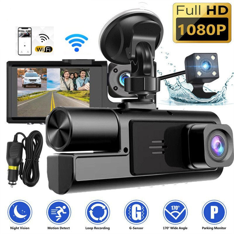 Triple Lens Car Dash Cam with WiFi Connectivity